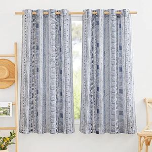 StangH Linen Sheer Curtains for Living Room - Blue Boho Patterned Semi Sheer Curtains Grommet Privacy Drapes for Bedroom/Dining, W50 x L72, 2 Panels