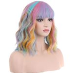 PATTNIUM 14 Inches Rainbow Wig Short Wavy Wig Pastel Rainbow Wig with Bangs Multi Color Wig for Women Girls Heat Resistant Synthetic Cosplay Costume Wig (Rainbow)