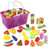 Click N' Play Pretend Food & Grocery Basket Toy Set for Kids & Toddlers 3+, 32pcs Plastic Fruits & Vegetables + Shopping Cart for Easy Storage - Play Store, Fake Food Play Set, Fun Children Toy Gifts