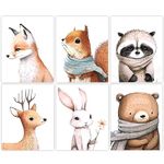 6pcs Woodland Animal Canvas Wall Art Nursery Cute Animal Canvas Art Wall Decor Deer Bear Rabbit Fox Squirrel Raccoon Posters Prints for Wall Decor Unframed for Kids Bedroom, 8 x 10in