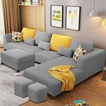 Casaliving Minta RHS 8 Seater L Shape Sofa Set with Ottoman & 2 Puffy for Living Room (Grey Colour) Premium Fabric Sofa