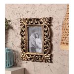 Duadecor Wooden Hand Carved Photo Frame for Wall Mounted and Tabletops Display - 5 x 7 Picture Frame - Wood Carving Decorative Home Décor Accessories Distressed Finish (Antique Golden)