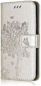 Conber Funda para iPhone SE/iPhone 5 / iPhone 5s, Funda de PU Cuero Cartera con Tapa, Serie Gato y Arbol Flip Cierre Protectora Carcasa Libro para iPhone SE/iPhone 5 / iPhone 5s - Dorado