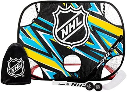 Franklin Sports NHL Kids Mini Hockey Goal + Shooting Target Set - Knee Hockey Pop Up Goal + Shooter Tutor with (2) Mini Hockey Sticks + (2) Mini Foam Balls