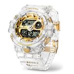 PINDOWS Polyurethane Watch For Men Analog Digital Gold Black Tpu Sport Multifunction Luminous Led Dial Waterproof Watches Fashion Wristwatches, Band Color:White