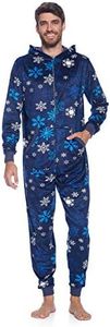 Ashford & Brooks Men's Adult Mink Fleece Hooded One-Piece Union Suit Pajamas - Navy Frozen Snowflake - Medium