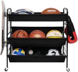 StorageWorks Sports Equipment Organizer with Hooks, Ball Rack Organizer with Wheels, 3-Shelf Ball Rack for Basketball, Football, Volleyball, Large