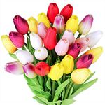 Winlyn 28 Pcs Multicolor Tulips Artificial Flowers Faux Tulip Stems Real Feel PU Tulips Easter Spring Wedding Bouquet Centerpiece Floral Arrangement Cemetery Table Décor 14" Tall