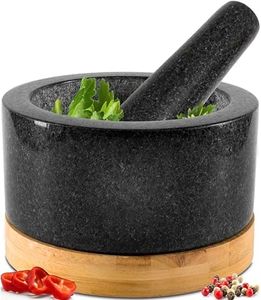 Heavy Duty Mortar and Pestle Set with Bamboo Base, Large 2 Cups, 100% Natural Granite Mortar and Pestle Large Stone Grinder Bowl, Molcajete Bowl, Masher Guacamole Bowls, Polished Black