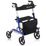 Goplus 2 in 1 Rollator Walkers for Seniors with Seat, 8" Wheels Medical Rolling Walker with Adjustable Handle, Aluminum Folding Mobility Walking Aid for Adult Elderly