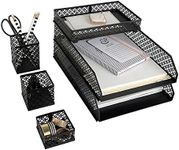 BLU MONACO Office Supplies Black Desk Accessories for Women-6 Piece Interlocking Stylish Desk Organizer Set- Pen Cup, 3 Accessory Trays, 2 Letter Trays-Black Office Stackable Paper Tray Holder