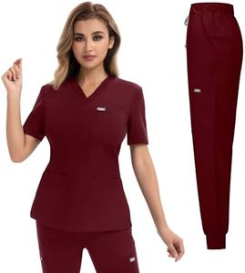 YEZEX Women's Medical Scrub Set, V-Neck Top & Jogger Pants, 10 Pockets, Bergundy