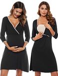 Sykooria Women's Breastfeeding Dress Cotton Soft Nursing Nightdress 3/4 Length Sleeves Maternity Nightdress Labour Nightgown for Hospital and Home A - Black