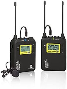 Wireless Lavalier Microphone System, LENSGO LWM-328C 99-Channel UHF Professional Omnidirectional Wireless Lapel Mic for Canon Nikon DSLR Camera Smartphone Camcorder Interview Video Recording (RX+TX)
