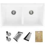 STYLISH 33 x 18 inch Workstation Drop in or Undermount White Granite Composite Double Bowl Kitchen Sink with Regular Strainers, Colander, Drying Rack and Cutting Board, S-833WH