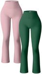 OQQ Women's 2 Piece Yoga Pants Ribbed Seamless Workout High Waist Bell Bottoms Flare Leggings Hide Pink DarkGreen