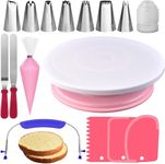 RFAQK 35 PCs Cake Turntable and Cake Leveler-Rotating Cake Stand with Non slip pad-7 Piping Tips & 20 Bags-Straight & Offset Spatula-3 Scraper Set-EBook-Cake Decorating Set Kit & other Baking supplies