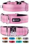 SparklyPets Wide Dog Collar with Quick Release Chrome Buckle – Heavy Duty Tactical Dog Collar with Reflective Stripes & Soft Lining – Thick Dog Collars for Large & Medium Dogs (Medium(14"~19"), Pink)