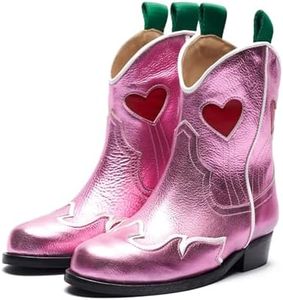 Yamvim Kids Cowboy Boots Girls Mid Calf Cowgirl Western Boots Round Toe Pull on Splicing Riding Shoes for Little Kid/Big Kid, Pink Heart, 10 Toddler