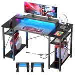 Cyclysio Computer Desk with LED Lights & Power Outlets, 47'' Reversible Gaming Desk with Storage Shelves, Home Office Desk Table with Moveable Monitor Stand