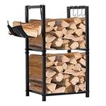 NALONE Firewood Rack Indoor, Small Outdoor Firewood Log Storage Rack, 2-Tier Wood Holder with 6 Hooks, Firewood Stand for Indoor Fireplace, Outdoor Patio, Fire Pit, Stove