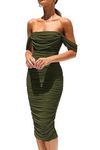 PRETTYGARDEN Women's Summer Off The Shoulder Ruched Bodycon Dresses Sleeveless Sexy Party Club Midi Dress (Army Green,Large)