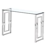 Charles Jacobs Clear Glass Console Table with Mirrored Finish Chrome Square Insert Legs for Hallway Living Room Bedroom