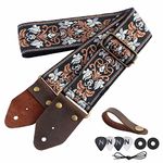 Nefelibata Guitar Strap,Jacquard Embroidery Cotton Guitar Straps with Crazy Horse Leather Ends for Bass, Electric & Acoustic, Best Gifts for Kids, Guitarists(Retro Brown Flower)