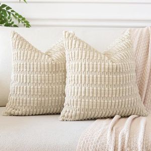 JOTOM Corduroy Soft Striped Decorative Throw Pillow Covers 24x24 Inch Square Cushion Covers 60x60 cm Boho Home Decor Pillowcases Cushion Case for Sofa Couch Living Room Bed Set of 2 (Beige)