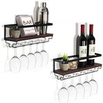 B4Life Wall Mounted Wine Rack with Glass Holder, 2 Pack Wall Wine Glass Rack, Floating Bar Shelves with Stemware Hanger, Wine Rack Shelf with Glass Holder Wall Mounted for Dining Room Home Bar Kitchen