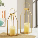 Perfnique Modern Farmhouse Lantern Decor, 15'' 13'' Set of 2 Metal Lanterns, 2 LED 6hr Timer Flickering Flameless Candles, Lanterns Decorative for Outdoor Decor, Home, Indoor, Patio (Gold)