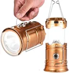 Wild Wolf Outfitters Solar Camping Lights - Rechargeable LED Lantern & Flashlight - Stainless Steel Handle - Portable & Collapsible - Ideal for Camping, Hiking, Emergencies - Gold