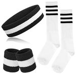 ONUPGO 5 Pieces Sweatbands Socks Set Striped Sports Headband Wrist Sweat bands Striped High Tube Sock Set for Men Women and 80s Costumes Theme Party