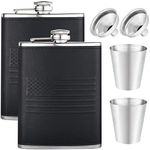 2 Pcs Hip Flask for Liquor for Men,8Oz Black Leather American ​Flag Stainless Steel Leakproof Never-Lose Metal Cap,with Funnel and Mini Cups,Gifts for Flag Day Outdoor Activities Wedding Party