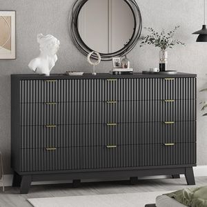 Xixini Fluted Dresser for Bedroom with 12 Drawers, 57" Wide Modern Chest of Drawers with Metal Handle, Wooden Dresser TV Stand, Wood Closet Clothes Storage Organizer for Living Room, Hallway, Black