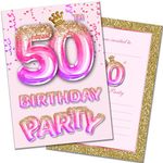 Olivia Samuel 20 Pack of 50th Birthday Invitations with Envelopes – Pink and Gold Glitter Effect – Ready to Write – Designed and Printed in the UK