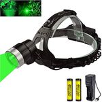 Red and Green Light Head Torch, 350 Yards Longer Range Hunting Headlamp Waterproof Night Hunting Headlamp for Coyote, Predator, Hog Hunting with Rechargeable Batteries (Green Light)