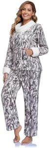 RONGTAI Women's Winter Fleece Pajama Set High-Neck Leopard Print Loungewear, Soft White Thermal Sleepwear with Pockets (US, Alpha, XX-Large, Regular, Regular, Rabbit Gray)