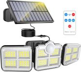 kh Solar Light Outdoors, 3 Heads Solar Motion Sensor Lights with Remote Control, 122 LED Solar Security Lights, IP65 Waterproof, 270° Wide Angle, Security LED Flood Light with 3 Modes, 13 ft Cable