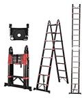 Soctone Telescoping Ladder A Frame, 16.5 FT/2.5+2.5m Compact Aluminum Extension Ladder, Portable Telescopic RV Ladder for Camper Trips with Tool Platform and Stabilizer Bar, 330 lb/150kg Capacity Red