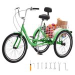 VEVOR Adult Tricycles Bike, 24 Inch Three-Wheeled Bicycles, 3 Wheel Bikes Trikes, Carbon Steel Cruiser Bike with Basket & Adjustable Seat, Picnic Shopping Tricycles for Seniors, Women, Men (Green)