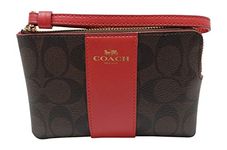 Coach Signature PVC Leather Corner Zip Wristlet (Brown True Red), 6.25, Brown,red, Medium