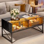 Bestier Black Coffee Table for Living Room with Led Lights, Storage Center Table with Glass top for Display, Black Marble