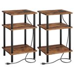 HOOBRO Set of 2 Side Table with Charging Station and USB Ports, 3-Layer Stackable Nightstand, 59 CM End Table for Small Space in Bedroom, Living Room, Industrial Style, Rustic Brown, Black BF10UBZP201