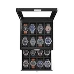 SONGMICS 16-Slot Watch Box, Watch Case with Glass Lid, 2 Layers, Lockable Watch Display Case, Black Synthetic Leather, Black Lining UJWB016B01