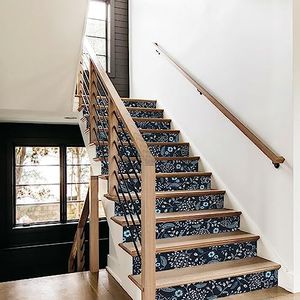 Flortlias 15Pcs Leather Textured Vinyl Peel and Stick Stair Riser Decals, Self-Adhesive Staircase Riser Stickers, 39.37"x7.09" Vintage Eden Floral, Blue