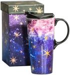 Topadorn Christmas Ceramic Travel Mug Coffee Cup 17 OZ., with Sealed Lid and Gift Box for Christmas Holiday, Purple Starry Sky
