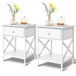 ELFORDSON White Bedside Table Set of 2 with Drawer & Open Storage Shelf, X Design Metal Frame Nightstand for Bedroom/Living Room/Hallway