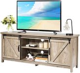 Giantex TV Stand for 65” Television, TV Bench Ark w/Sliding Barn Door, 2 Center Compartments & 2 Cabinets, Wooden TV Cabinet, Wooden Entertainment Unit Stand, TV Console Storage Table Cabinet (Gray)