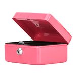 Decaller Small Cash Box with Key Lock, Portable Metal Money Box with Double Layer & 2 Keys for Security, Pink, 6 1/5" x 5" x 3", QH1506XS